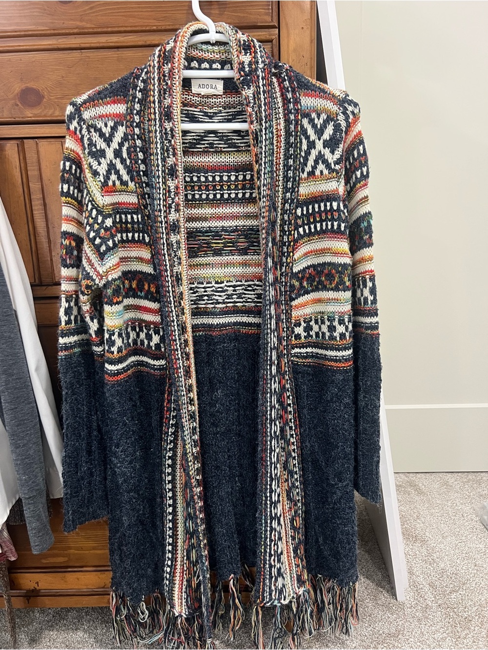ADORA Navy Multi-Color Fair Isle Fringe Open Cardigan